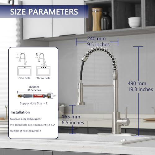 VOTON Kitchen Faucets with Pull Out Sprayer Commercial Spring Sink Faucet Stainless Steel Brushed Nickel Pull Down Single Handle Farmhouse faucets with Deck Plate for Camper Laundry Utility Rv Wet Bar - Image 4
