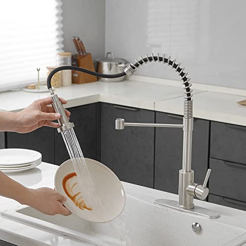 VOTON Kitchen Faucets with Pull Out Sprayer Commercial Spring Sink Faucet Stainless Steel Brushed Nickel Pull Down Single Handle Farmhouse faucets with Deck Plate for Camper Laundry Utility Rv Wet Bar - Image 2