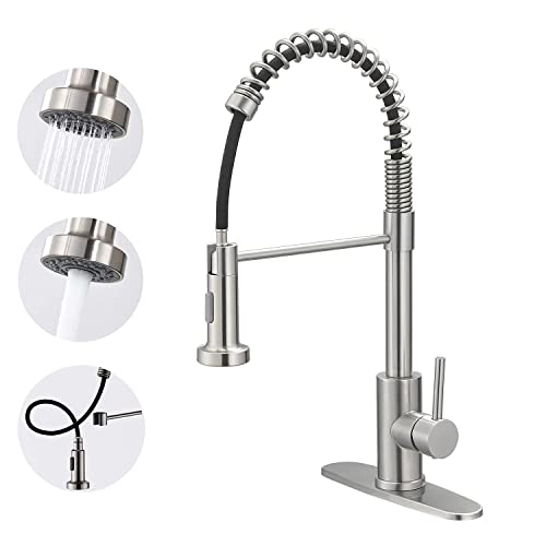 VOTON Kitchen Faucets with Pull Out Sprayer Commercial Spring Sink Faucet Stainless Steel Brushed Nickel Pull Down Single Handle Farmhouse faucets with Deck Plate for Camper Laundry Utility Rv Wet Bar - Image 1