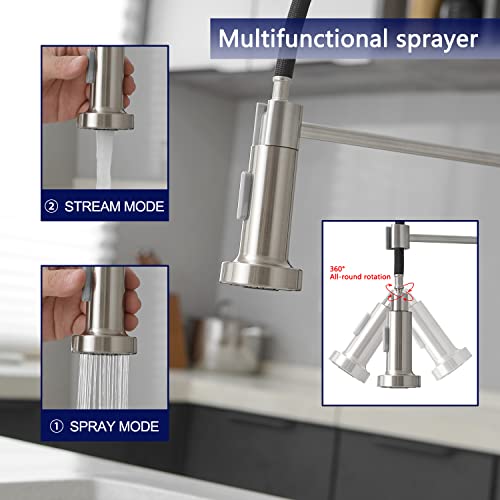 VOTON Kitchen Faucets with Pull Out Sprayer Commercial Spring Sink Faucet Stainless Steel Brushed Nickel Pull Down Single Handle Farmhouse faucets with Deck Plate for Camper Laundry Utility Rv Wet Bar - Image 5