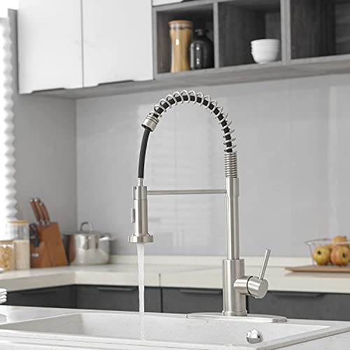 VOTON Kitchen Faucets with Pull Out Sprayer Commercial Spring Sink Faucet Stainless Steel Brushed Nickel Pull Down Single Handle Farmhouse faucets with Deck Plate for Camper Laundry Utility Rv Wet Bar - Image 3