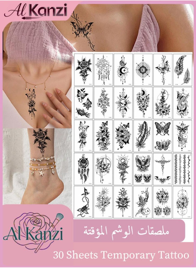 الكنز 30 ملصق وشم مؤقت للنساء،تاتوهات للجسم حجم كبير, مجموعة متنوعة من الأنماط الجريئة والجريئة بما في ذلك الزهرة السوداء والفراشة وصائدة الأحلام والقمر، ملصقات فنية للجسم مقاومة للماء لليدين والوسادات والفخذين، مثالية لمكياج الحفلات، تدوم من 2 إلى 5 أيام! - Image 1