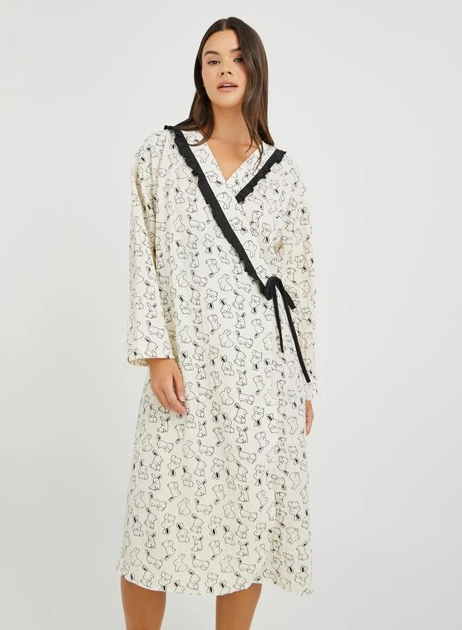 Styli Styli All-Over Print Tie-Up Ruffled Detail Robe