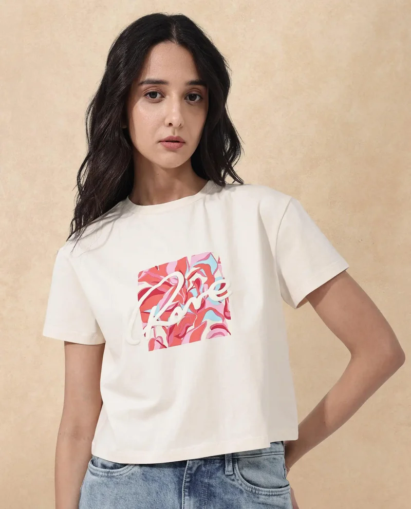 Rareism Women's Chest Graphic Print Boxy Fit T-Shirt