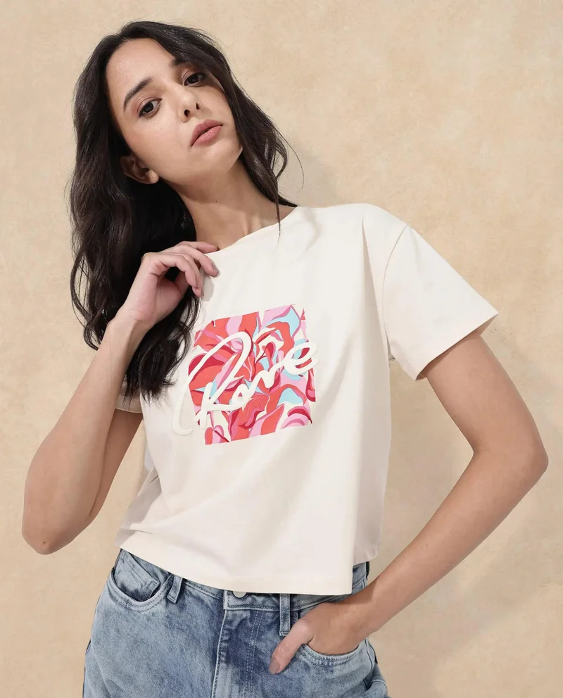 Rareism Women's Chest Graphic Print Boxy Fit T-Shirt