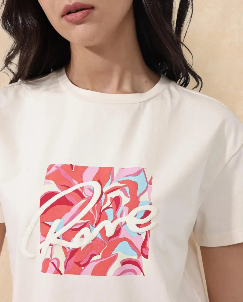 Rareism Women's Chest Graphic Print Boxy Fit T-Shirt