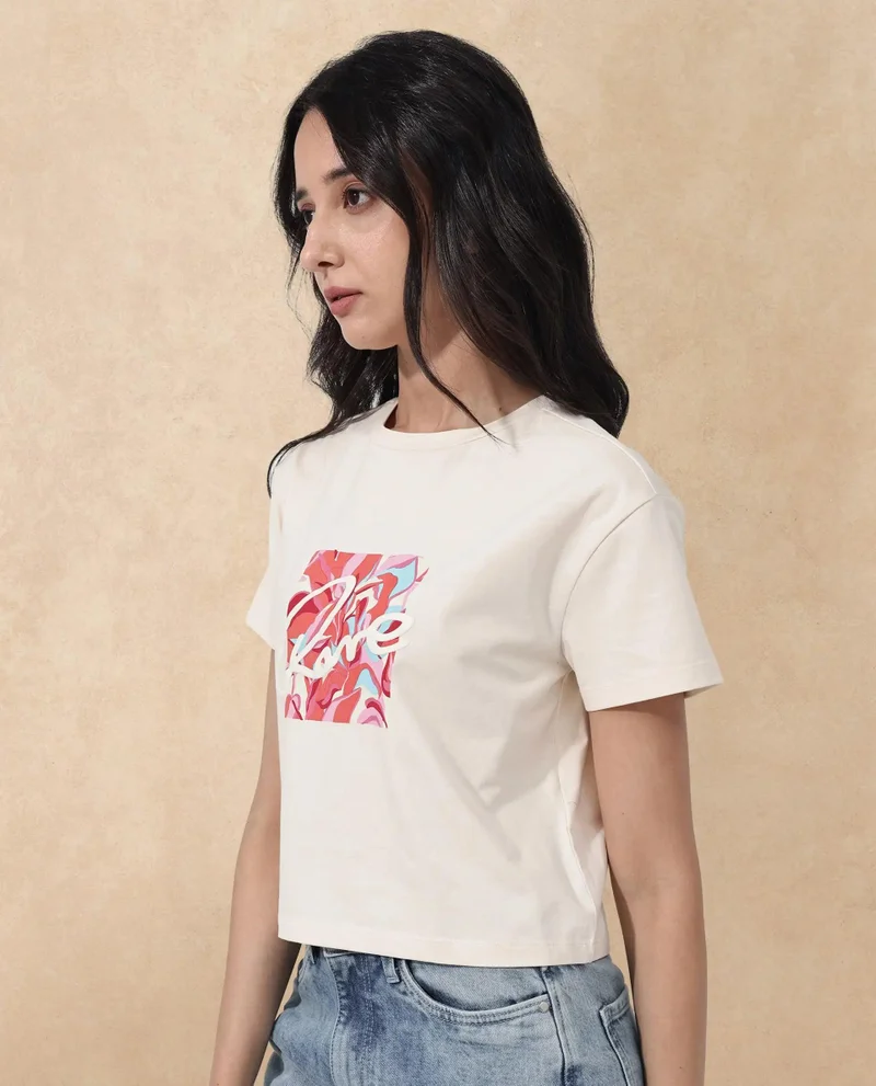 Rareism Women's Chest Graphic Print Boxy Fit T-Shirt