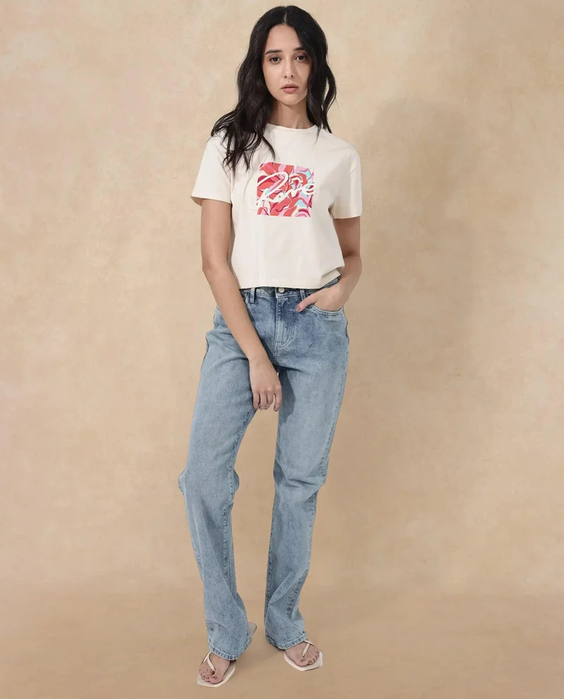 Rareism Women's Chest Graphic Print Boxy Fit T-Shirt