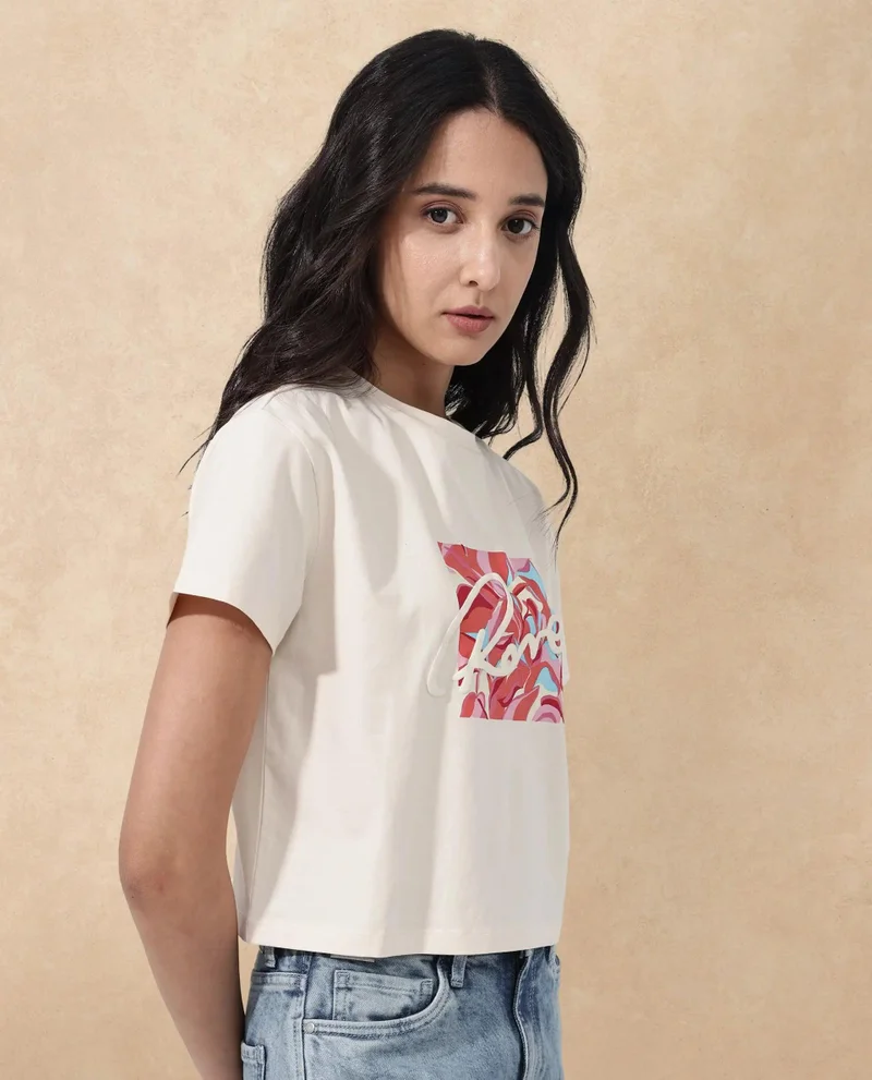 Rareism Women's Chest Graphic Print Boxy Fit T-Shirt
