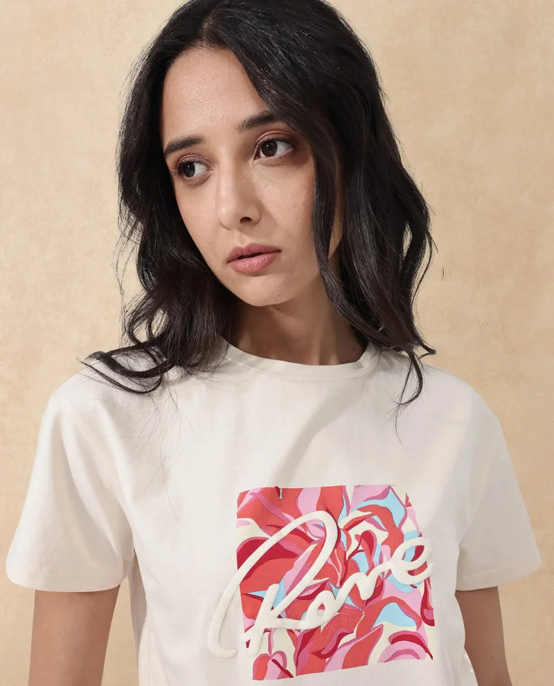 Rareism Women's Chest Graphic Print Boxy Fit T-Shirt