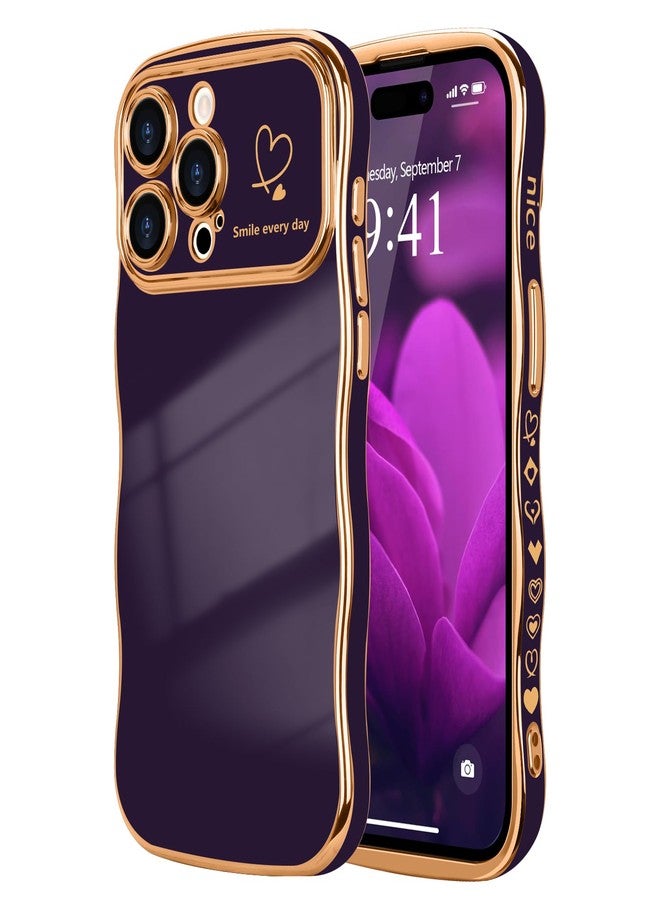 جراب LCHULLE لهاتف iPhone 14 Pro للنساء والفتيات، بتصميم مموج لطيف وشكل حلزوني مع نقش قلب، غطاء حماية بارز للكاميرا، مطلي بطلاء فاخر، مقاوم للصدمات، لون بنفسجي داكن. - Image 1