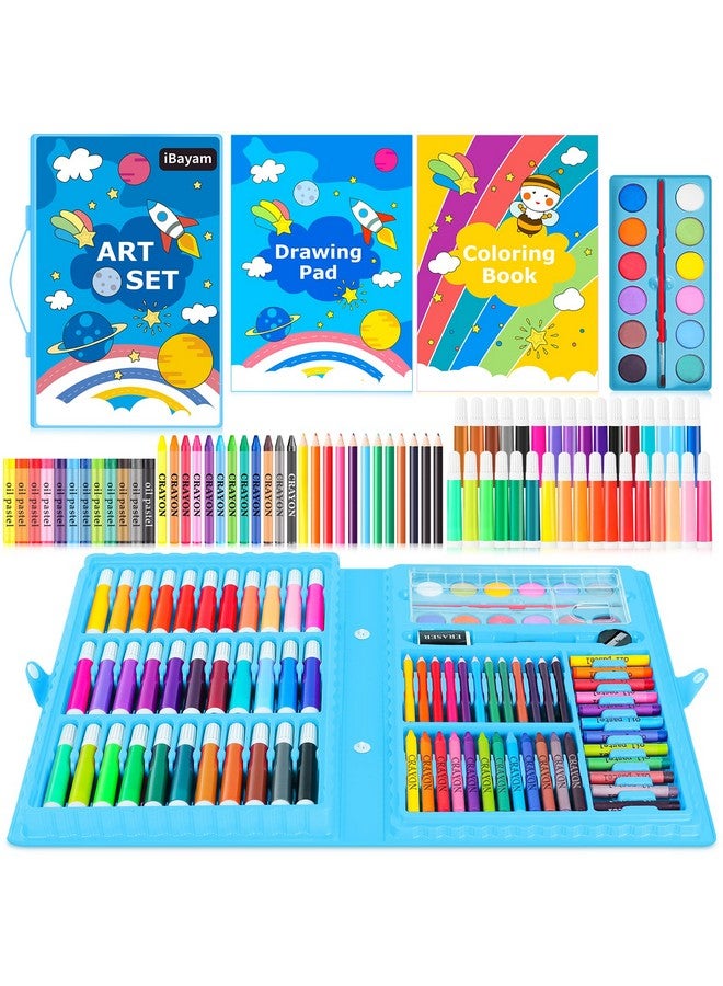 iBayam مجموعة أدوات الفن 149 طقم رسم طقم فنون الرسم هدايا صندوق الفنون والحرف للأطفال البنات الأولاد مع دفتر رسم كتاب تلوين أقلام شمع باستيل أقلام رصاص أقلام مائية (أزرق) - Image 1