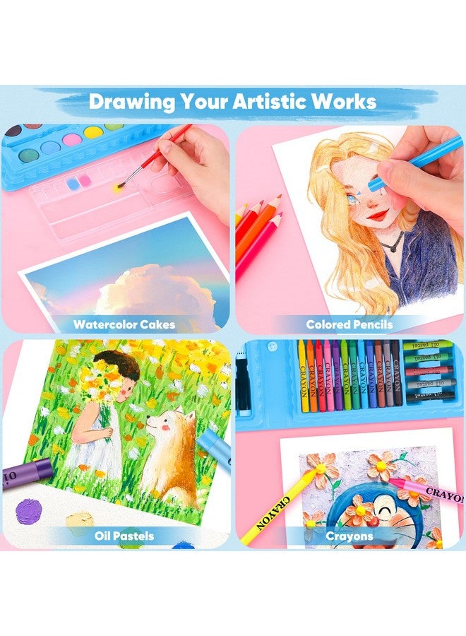 iBayam مجموعة أدوات الفن 149 طقم رسم طقم فنون الرسم هدايا صندوق الفنون والحرف للأطفال البنات الأولاد مع دفتر رسم كتاب تلوين أقلام شمع باستيل أقلام رصاص أقلام مائية (أزرق) - Image 4