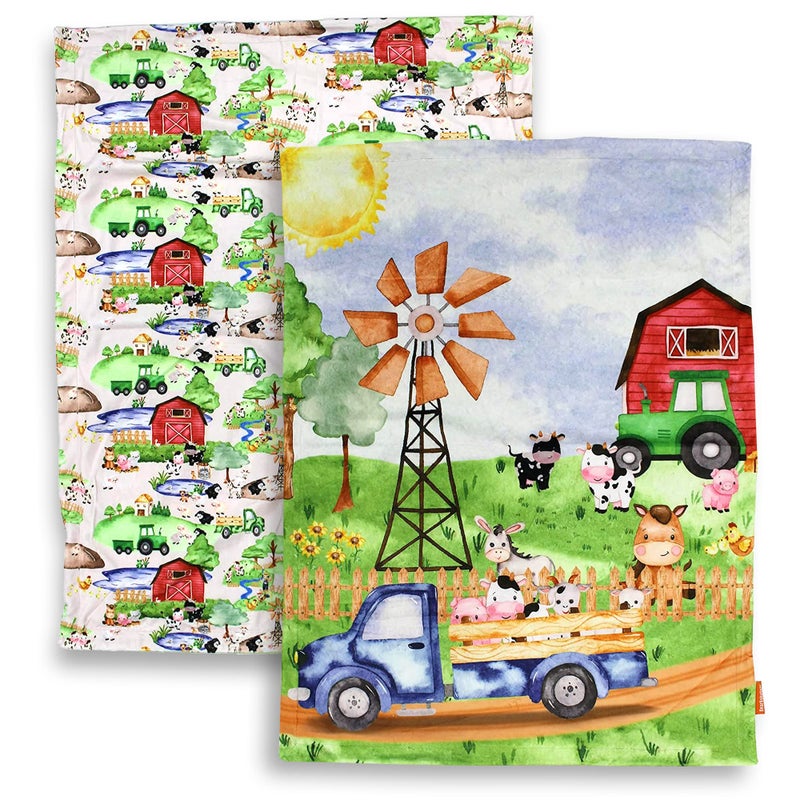 Dear Baby Gear Farm Deluxe Baby Blanket  Reversible Milestone  Newborn Gifts for Girls and Boys  Farm Life Animals Tractor Red 32 Inches by 32 Inches