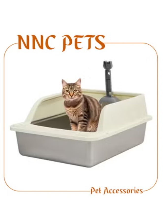 NNC PETS Stainless steel cat litter box for Indoor/Outdoor use, Durable Semi-enclosed cat toilet with High fence, Litter scoop, Non-stick, Grid design, and Detachable design, Easy to clean, 50 cm (Beige) - Image 1