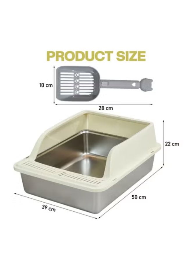 NNC PETS Stainless steel cat litter box for Indoor/Outdoor use, Durable Semi-enclosed cat toilet with High fence, Litter scoop, Non-stick, Grid design, and Detachable design, Easy to clean, 50 cm (Beige) - Image 2