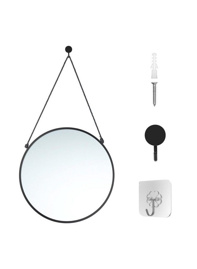 LONGWIN Black Hanging Round Mirrors for Wall Decor, 16 Inch Black Geometric Circle Mirror with Rope, Decorative Wall Mounted Mirror for Bathroom, Living Room, Bedroom - Image 1