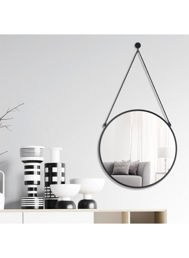 LONGWIN Black Hanging Round Mirrors for Wall Decor, 16 Inch Black Geometric Circle Mirror with Rope, Decorative Wall Mounted Mirror for Bathroom, Living Room, Bedroom - Image 4
