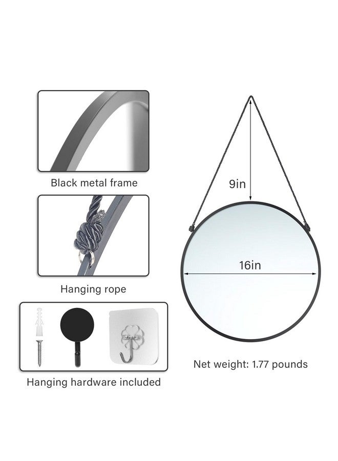 LONGWIN Black Hanging Round Mirrors for Wall Decor, 16 Inch Black Geometric Circle Mirror with Rope, Decorative Wall Mounted Mirror for Bathroom, Living Room, Bedroom - Image 2