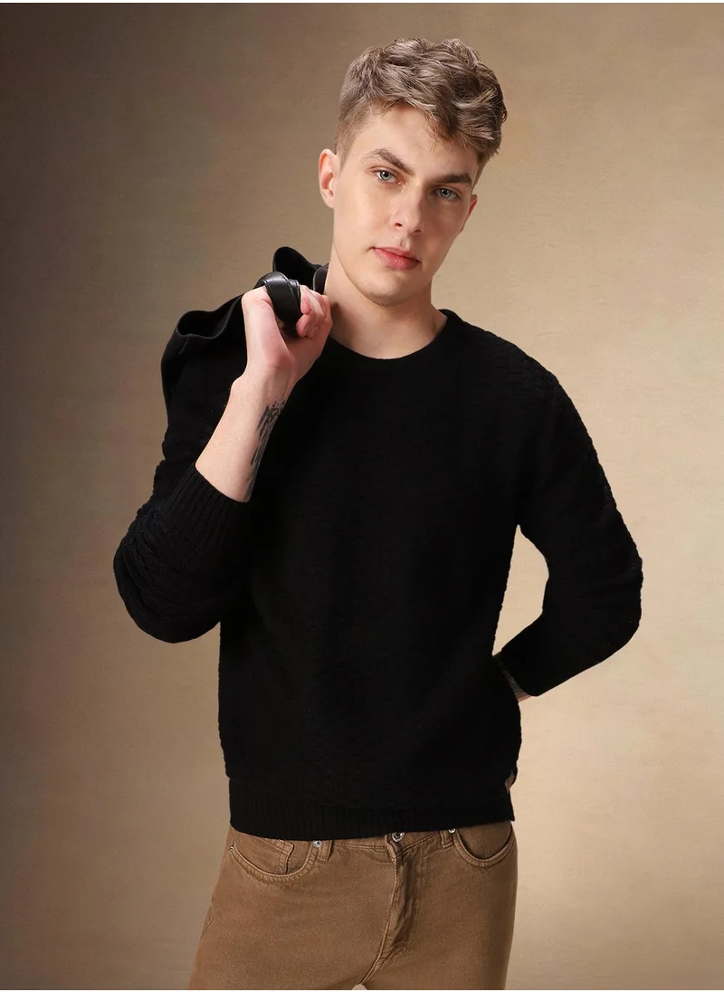 دينيس لينغو Men's Black 100% Acrylic Embellished Regular Fit Sweater