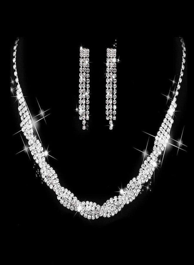 Unicra Wedding Jewelry Sets Silver Rhinestone Necklace Earrings Sets Prom Jewelry Accessories for Women and Brides - Image 3