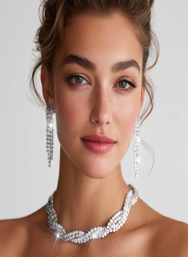 Unicra Wedding Jewelry Sets Silver Rhinestone Necklace Earrings Sets Prom Jewelry Accessories for Women and Brides - Image 4