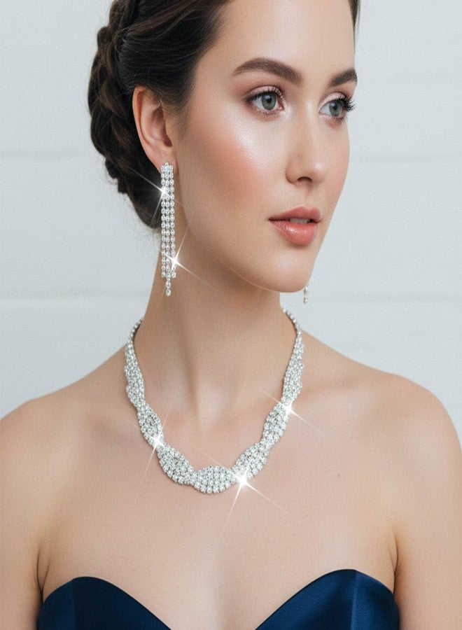 Unicra Wedding Jewelry Sets Silver Rhinestone Necklace Earrings Sets Prom Jewelry Accessories for Women and Brides - Image 2