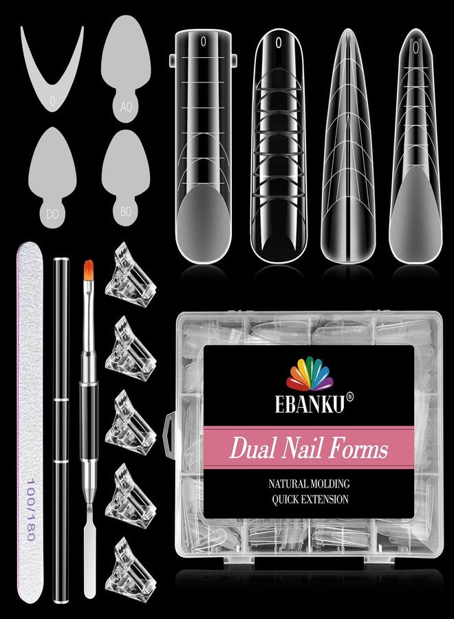 EBANKU Dual Nail Form Kit, 288PCS Poly Nail Gel Forms, 96PCS Nail Forms Stickers Clips Gel Brush Pe File for Nail Art Salon (4 Styles) - Image 1