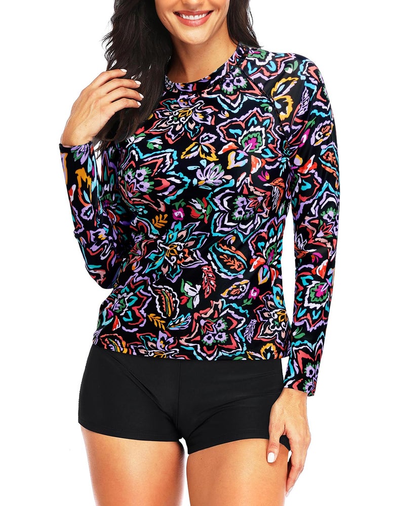 Daci Women Colorful Paisley Two Piece Rash Guard Long Sleeve Swimsuits UV UPF 50+ Swim Shirt Bathing Suit with Boyshort Bottom M - Image 3