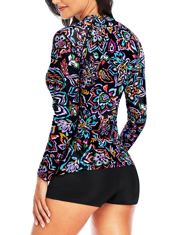 Daci Women Colorful Paisley Two Piece Rash Guard Long Sleeve Swimsuits UV UPF 50+ Swim Shirt Bathing Suit with Boyshort Bottom M - Image 2