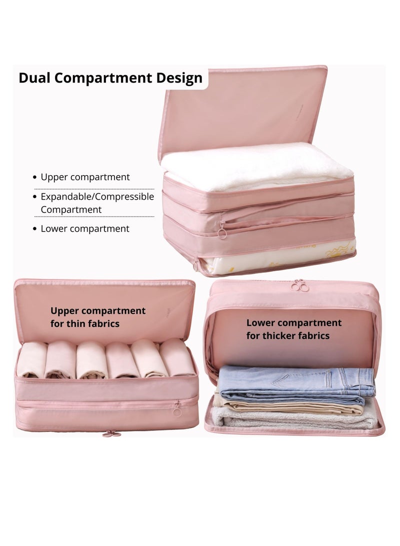 Excefore Compression Packing Cube Set with Dual Compartments, 2 Pack Large Lightweight Nylon Travel Organizer, Compression Organizer with Double Zippers for Luggage, Suitcases and Essentials, Pink - Image 3