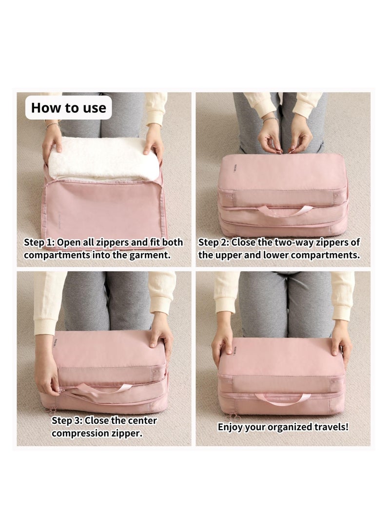 Excefore Compression Packing Cube Set with Dual Compartments, 2 Pack Large Lightweight Nylon Travel Organizer, Compression Organizer with Double Zippers for Luggage, Suitcases and Essentials, Pink - Image 5