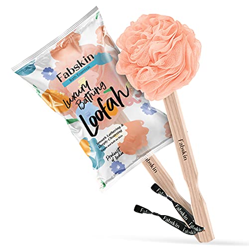 FABSKIN Luxury Back Bathing Loofah With Wooden Handle for Men and Women | Pack of 1 | Loofah For Back Bathing with handle | Back Bathing Loofah Brush | Back Scrubber for Bathing (Peach) - Image 1