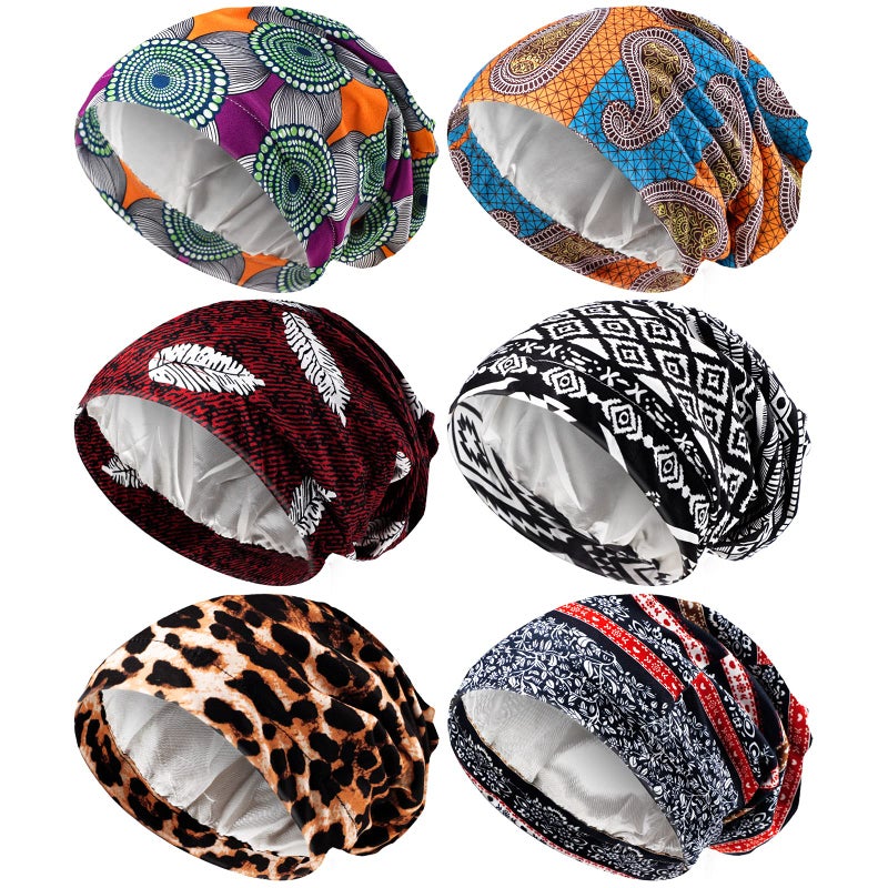 Sintege 6 Pcs Satin Lined Bonnet Sleep Chemo Hat Stretch Cancer Cap for Women Men Cancer Patient African Silk Soft Beanie(Elegant Patterns) - Image 1