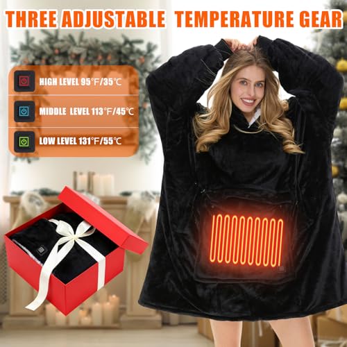 Glooglitter Heated Blanket Wearable Hoodie USB Oversized Heated Sweatshirt for Women with Giant Pocket 3 Heating Levels(Black,No Pattern) - Image 2