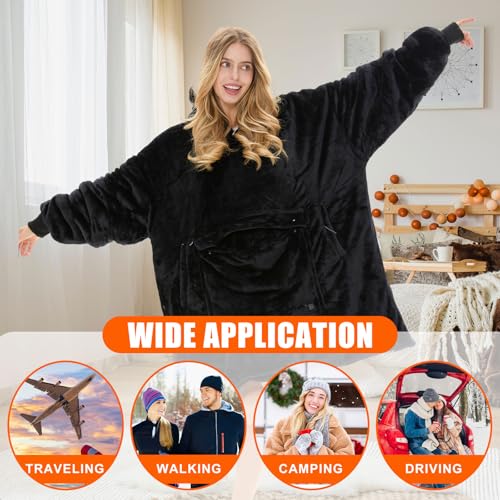 Glooglitter Heated Blanket Wearable Hoodie USB Oversized Heated Sweatshirt for Women with Giant Pocket 3 Heating Levels(Black,No Pattern) - Image 4