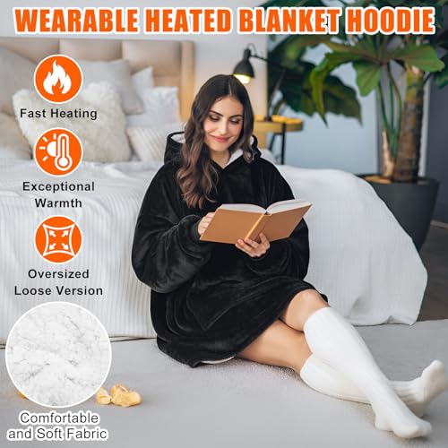 Glooglitter Heated Blanket Wearable Hoodie USB Oversized Heated Sweatshirt for Women with Giant Pocket 3 Heating Levels(Black,No Pattern) - Image 3