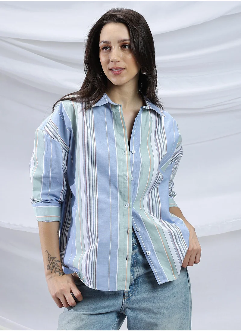 Campus Sutra Campus Sutra Women's Powder Blue & Sage Green Multitrack-Stripe Relaxed Shirt For Casual Wear | Spread Collar | Long Cuffed Sleeves | Button Closure | Shirt Crafted With Comfort Fit For Everyday Wear