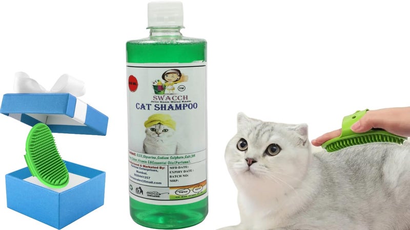 Swacch Cat Shampoo -500ml (Neem Alovera) + Bath Brush with Adjustable Straps Combo Pack - Image 1