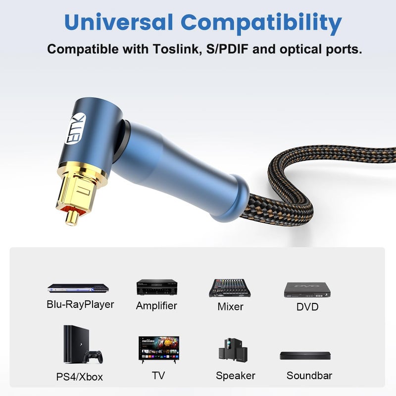 EMK 90 Degree Toslink Optical Cable 24K-Gold Connector 360 Degree Free-Rotating Plug Fiber Optic Cable S/PDIF Toslink Male to Male for Home Theater, Sound Bar, TV, PS4, Xbox (Blue,3.3ft/1m) - Image 3