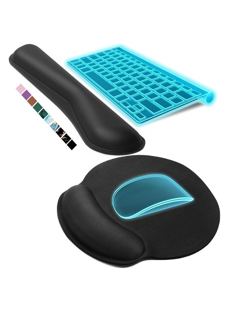مسند معصم مريح للوحة المفاتيح، وسادة ماوس من إسفنج الذاكرة مع مسند معصم للوحة مفاتيح الكمبيوتر، مجموعة وسادة ماوس لسهولة الكتابة وتخفيف الألم للمكتب والمنزل، لون أسود - Image 1