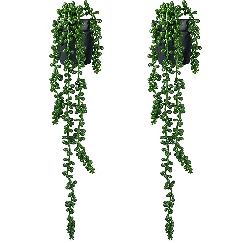 Tdas Plastic & Tpe Artificial Succulent Plants Hanging Flowers Home Decor Items Plant Leaves For Living Room Hall Decorative Decoration Office In Pot (Green, 2-Pcs Hanging Succulent With Pot) - Image 1