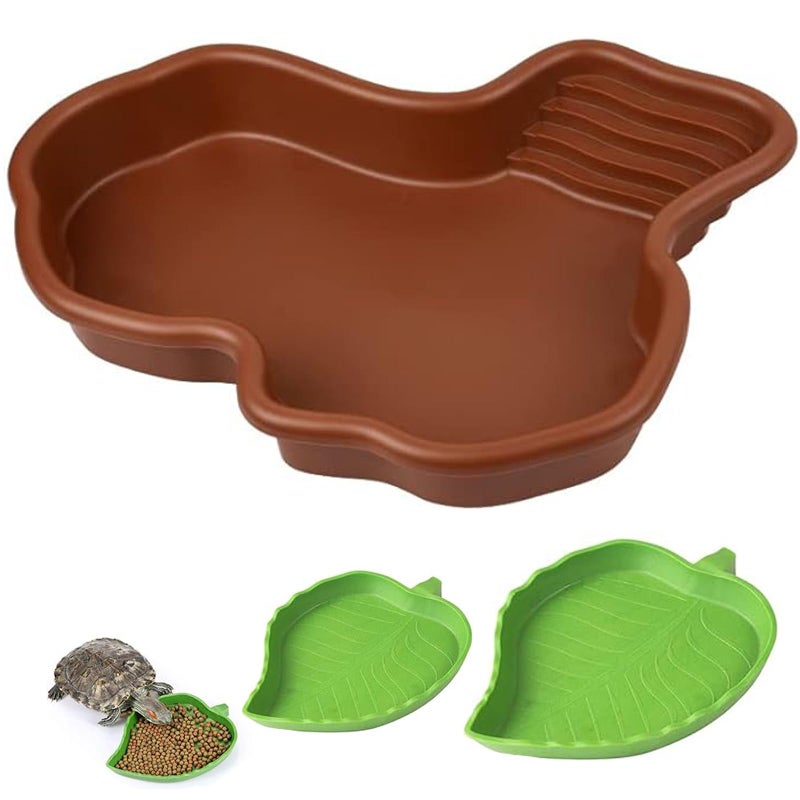 3PCS Tortoise Dish with Ramp Leaf - Tortoise Food & Water Bowls - Reptile Habitat Accessories for Horned Frogs & Lizards - Fit for Bath - Image 1