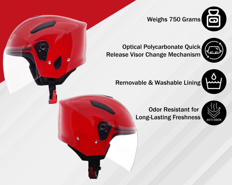 Vega Orion Open Face Riding Helmet with Lightweight Shell, Comfortable Liner, Shock Absorbing Interior, Ventilated Fit, Durable Build, and Modern Red Styling Red-M - Image 4