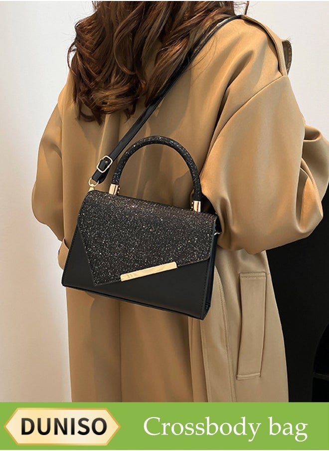 DUNISO Retro Handle Satchel, Small Square Crossbody Bag With Sequins, Hand-Held Patchwork Bag, Suitable For Shopping, Party, Banquet, Travel, Etc., Fashionable Evening Bag, Cocktail Handbag, Black  - Image 1