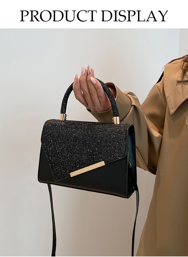 DUNISO Retro Handle Satchel, Small Square Crossbody Bag With Sequins, Hand-Held Patchwork Bag, Suitable For Shopping, Party, Banquet, Travel, Etc., Fashionable Evening Bag, Cocktail Handbag, Black  - Image 5