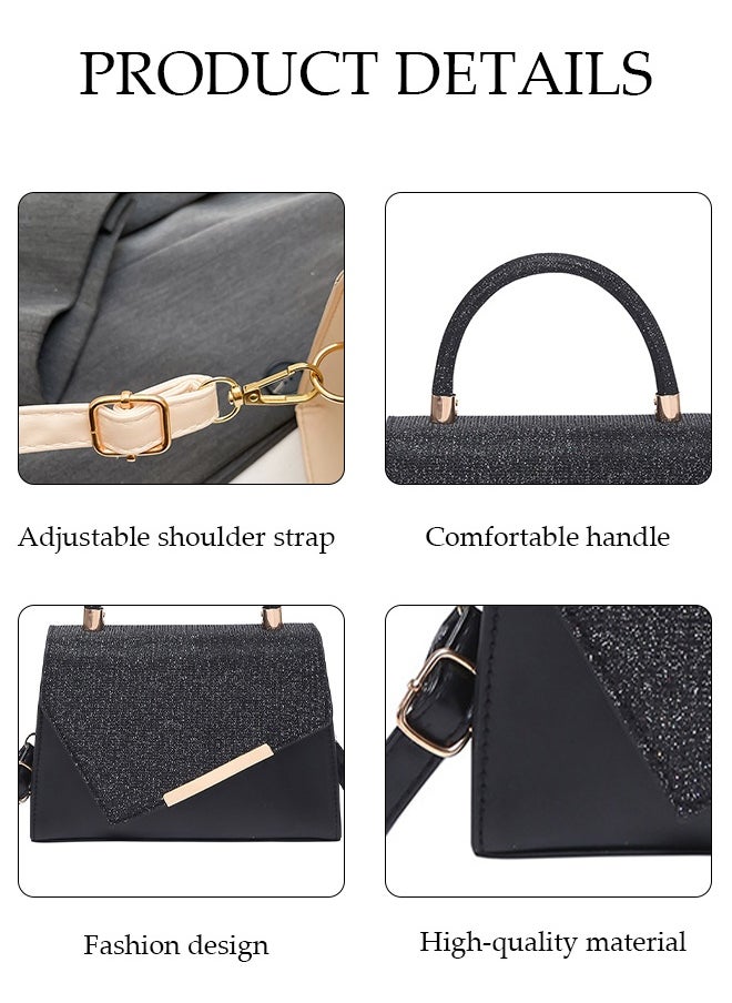 DUNISO Retro Handle Satchel, Small Square Crossbody Bag With Sequins, Hand-Held Patchwork Bag, Suitable For Shopping, Party, Banquet, Travel, Etc., Fashionable Evening Bag, Cocktail Handbag, Black  - Image 3