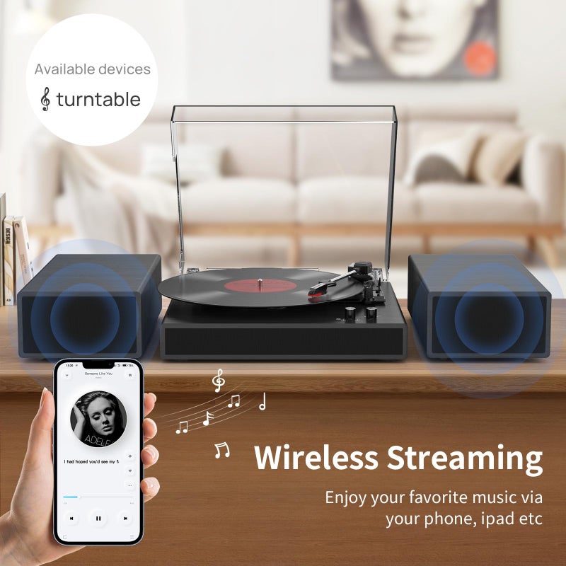 RetroAudio Record Player with 2X External Speakers Turntable Bluetooth Input Belt-Driven 3-Speed (33, 45, 78 RPM) LP Player Turntables for Vinyl Records with RCA Output, Aux in, Auto Stop, Black - Image 3