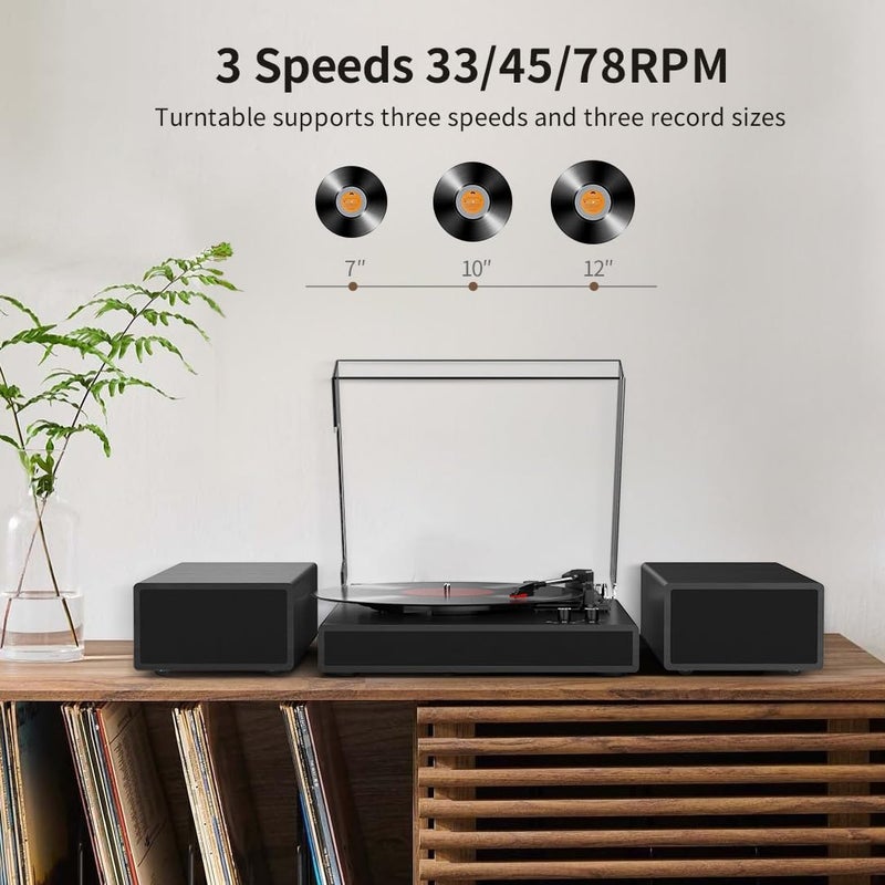 RetroAudio Record Player with 2X External Speakers Turntable Bluetooth Input Belt-Driven 3-Speed (33, 45, 78 RPM) LP Player Turntables for Vinyl Records with RCA Output, Aux in, Auto Stop, Black - Image 4