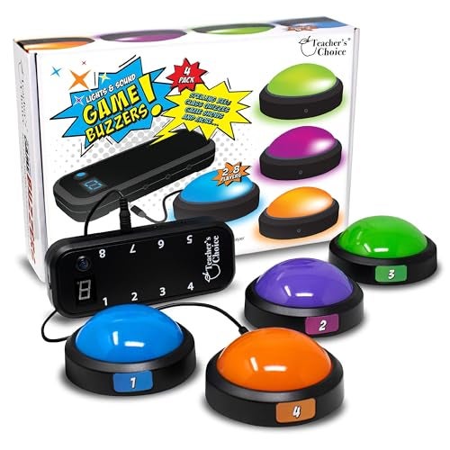 Teacher's Choice Teachers Choice Light Up Game Buzzer System Displays The Winning Player Loud Unique Sounds for Each Buzzer Great for Trivia Games Family Feud Jeopardy 4 Pack